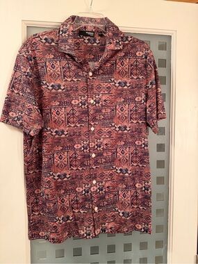 Murano Short-Sleeve Button-Up Shirt in Multi-Color Aztec Print L